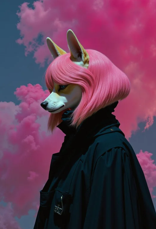 Anthropomorph Shina Inu Dog With A Pink Bobcut And Long Hair...