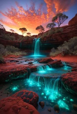 By Ellen Jewett1.5, Bioluminescent Impressionism, Autralia A... — SDXL AI Prompt: (by Ellen Jewett:1.5), (Bioluminescent Impressionism, autralia aboriginal landsc...