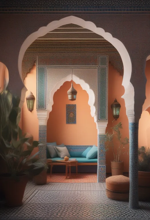 A Moroccan Riad With Intricate Mosaic Tiling, Gouache Painti...