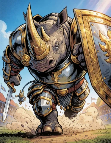 Bold Comic Rhino Illustration — Stable Diffusion AI Prompt: bold comic-book illustration of a giant anthropomorphic rhinoceros knight chargi...