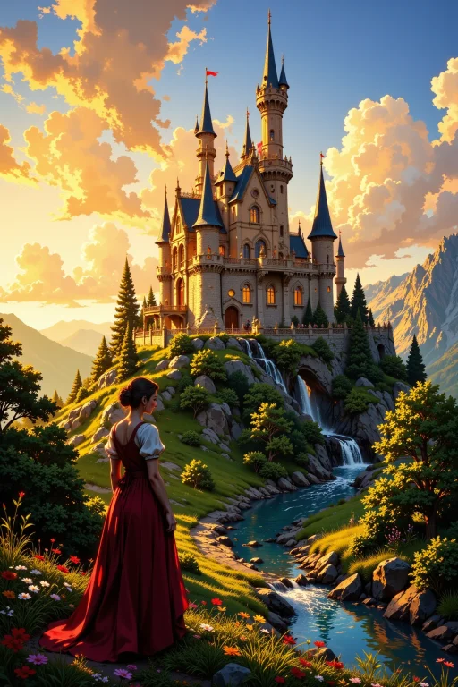 Castle Beautiful Landscape, Golden Hour, Woman, Very Intrica...