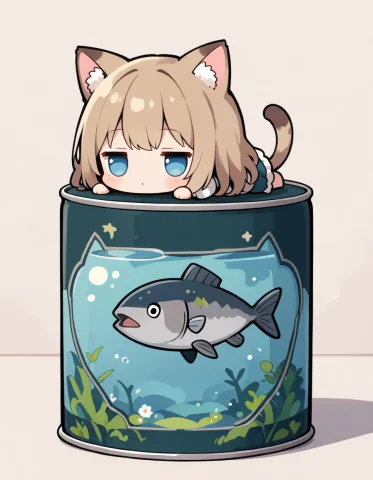 1girl, Chibi, Big Head, Animal Girl, Jitome, Girl On Cat-can... — Stable Diffusion AI Prompt: 1girl, chibi, big head, animal girl, jitome, girl on cat-can, lying. fish pictur...