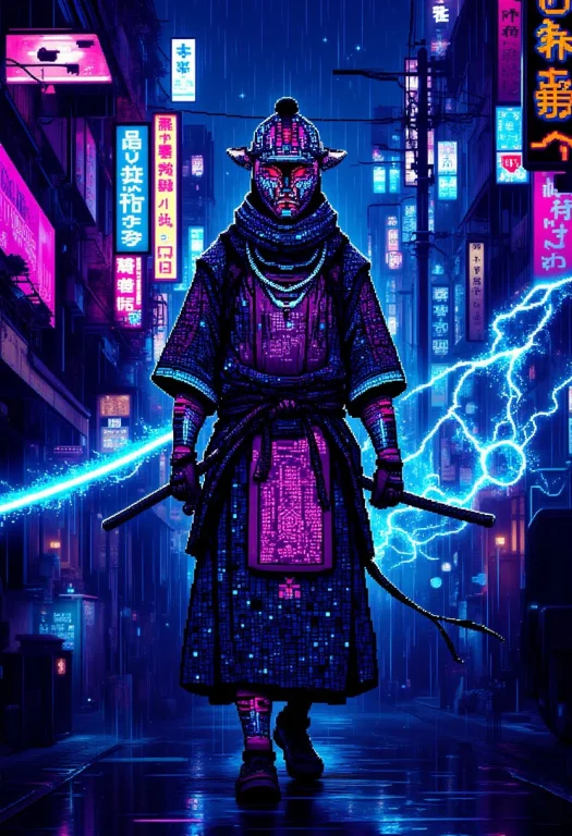 A Neon Samurai, His Body Adorned With Holographic Armor That...