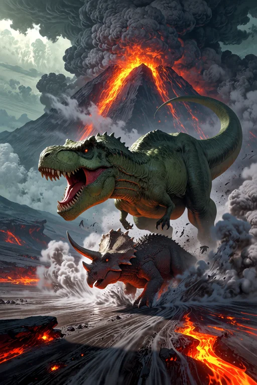 , T-rex Stampeding Through A Volcanic Ash Field Ash Swirling...