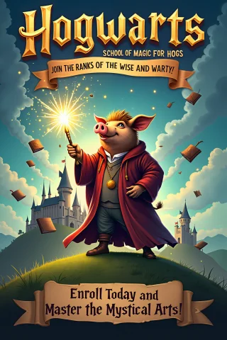 A Whimsical Recruiting Poster For Hogwarts School Of Magic F... — FLUX AI Prompt: A whimsical recruiting poster for 'Hogwarts: School of Magic for Hogs,' featurin...