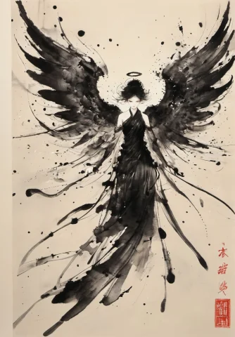 Splattered Black Ink,flawless,clean,behind An Angel Are Huge... — SDXL AI Prompt: Splattered black ink,flawless,clean,Behind an angel are huge angel wings, Meticu...