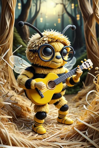 A Cute Bumblebee Wearing Glasses With Big Glasses In A Magic... — SDXL AI Prompt: a cute bumblebee wearing glasses with big glasses in a magical forest. Playing s...