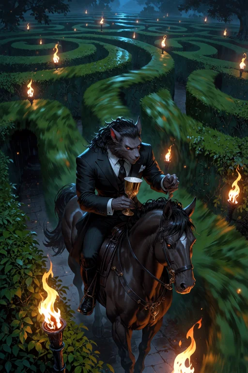, Werewolf Riding A Horse Through A Labyrinthine Hedge Maze...