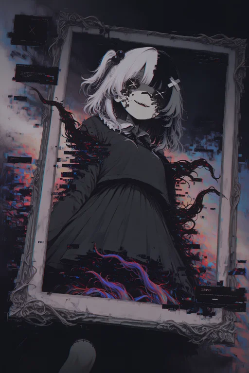Lazypos, 1girl, Holding Frame, Dual Persona, Split Theme, Ce...