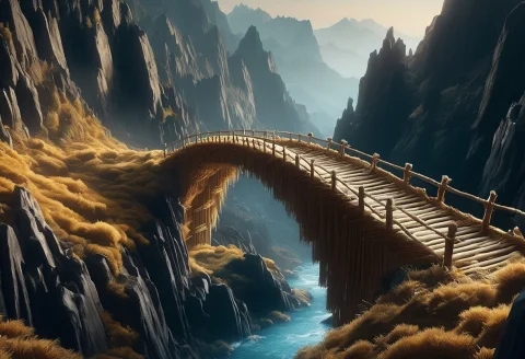 Masterpiece, Best Quality, A Carelessly Made Of Straw Bridge... — SDXL AI Prompt: Masterpiece, best quality, a carelessly made of straw bridge over the abyss, roc...