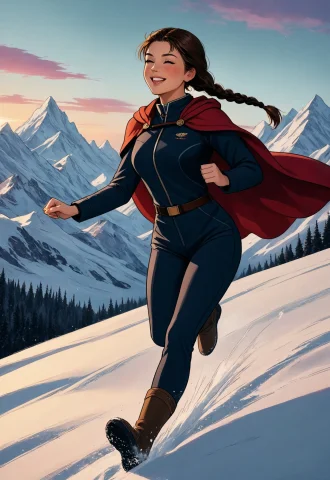 Anna Running Through A Snow-dusted Field In Her Travel Outfi... — Stable Diffusion AI Prompt: Anna running through a snow-dusted field in her travel outfit, braids bouncing,...