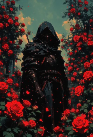 A Mysterious Knight In Black Hooded Armour, Standing Amongst... — FLUX AI Prompt: a mysterious knight in black hooded armour, standing amongst a multitude of red...