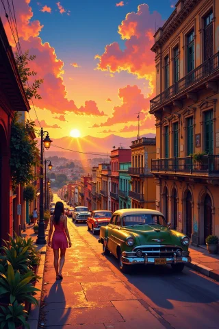 Havana, Cuba Beautiful Anime Landscape, Sunset, Woman, Very... — Stable Diffusion AI Prompt: Havana, Cuba beautiful anime landscape, sunset, woman, very intricate, very deta...