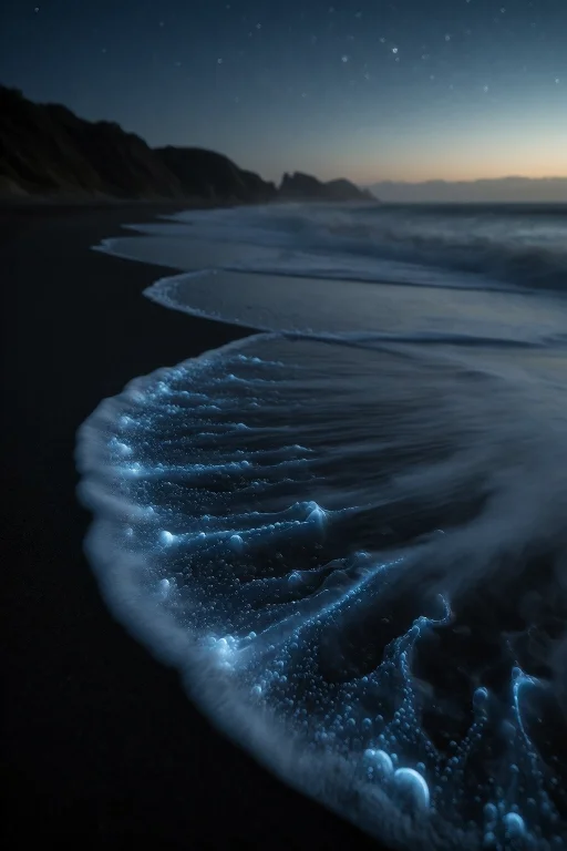 12. Bioluminescent Plankton Creating Neon Blue Waves On Blac...