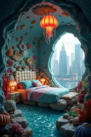 In A Whimsical Room Inspired By The Little Mermaid A Cozy Be... — FLUX AI Prompt: In a whimsical room inspired by The Little Mermaid a cozy bed carved from a larg...