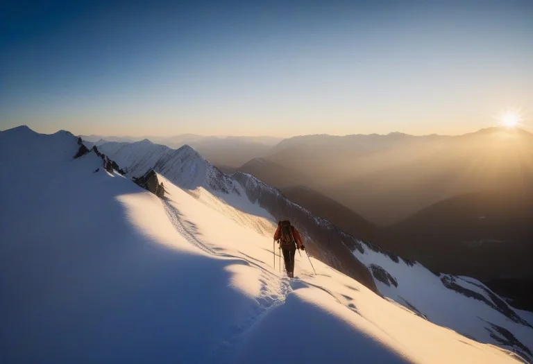 A Mountaineer Silhouetted On A Snowy Ridge, Candid Photograp...