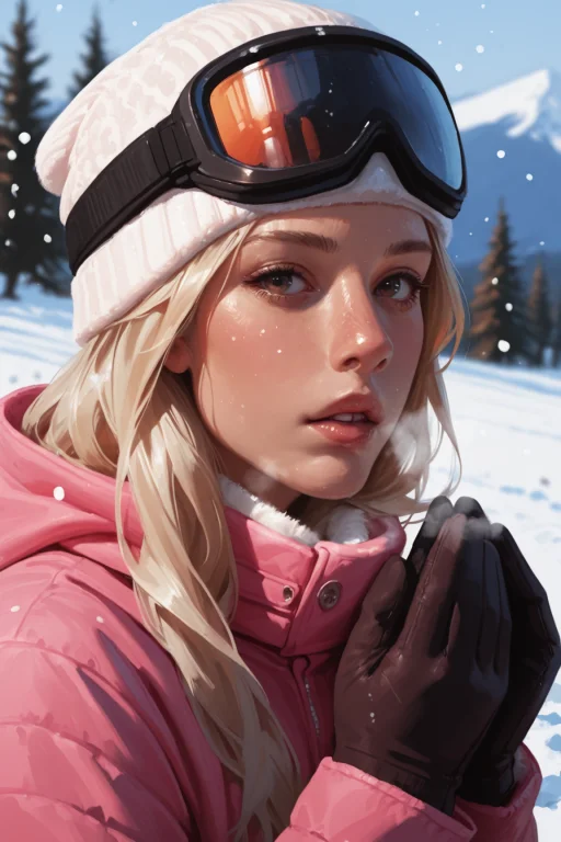 1girl, Solo, Blonde Hair, , Goggles, Snow, Parted Lips, Long...