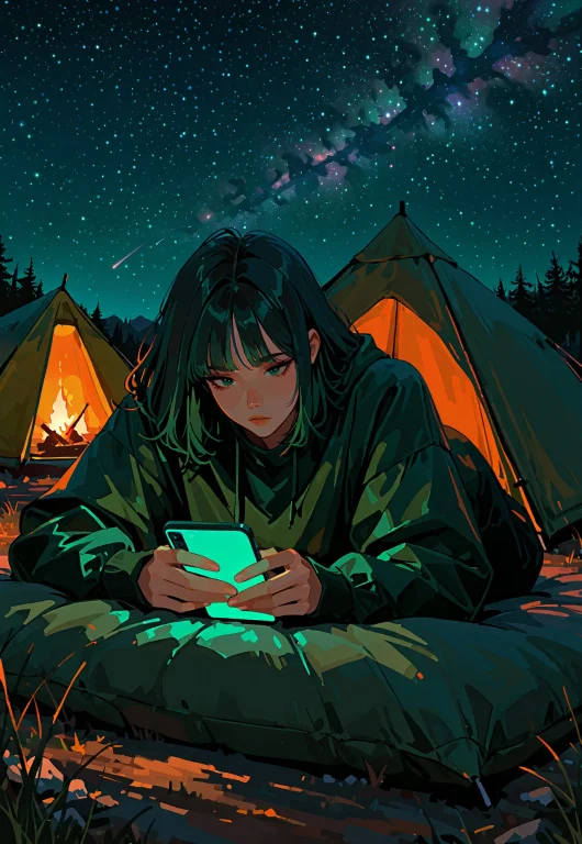 1girl,looking At Phone, Dim Night, Camping Tent, Dark Green...