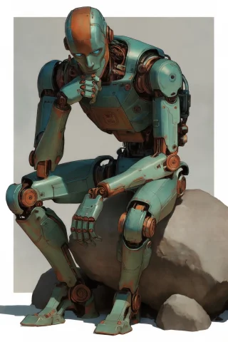 Ani3rel, A Robot Posed Like Rodins The Thinker. It Is Sittin... — Stable Diffusion AI Prompt: @Ani3rel, A robot posed like Rodin's The Thinker. It is sitting on a large rock...