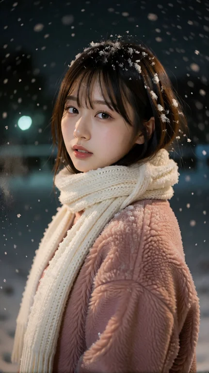 冬夜户外中近景半身人像，一位年轻东亚女性站在大雪纷飞的夜色中...