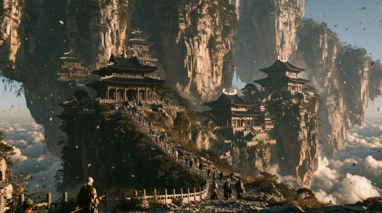 A Panoramic View Of A Massive Floating Mountain Range, With...