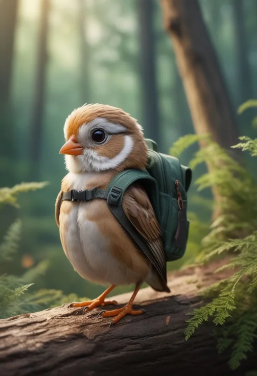 Cute Small Bird, Anthropomorphic, With Backpack, Standing, I...