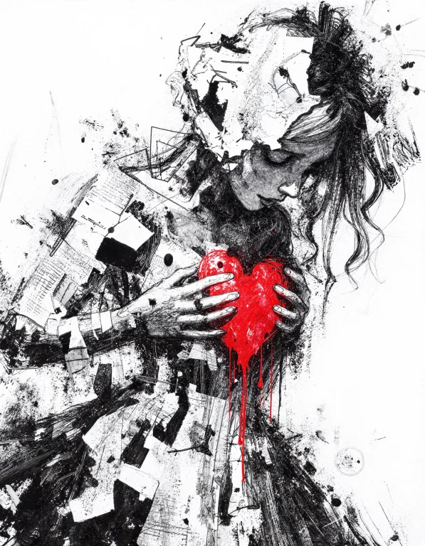 Black-and-white Loose-ink Mixed-media Collage Illustration W...