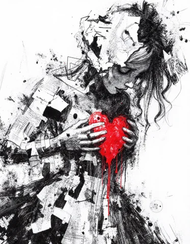 Black-and-white Loose-ink Mixed-media Collage Illustration W... — Stable Diffusion AI Prompt: Black-and-white loose-ink mixed-media collage illustration with one selective-co...