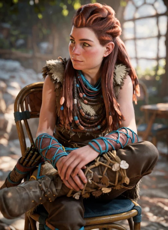 Aloy, Red Hair, Green Eyes, Sitting On A Chair, Legs Crossed...