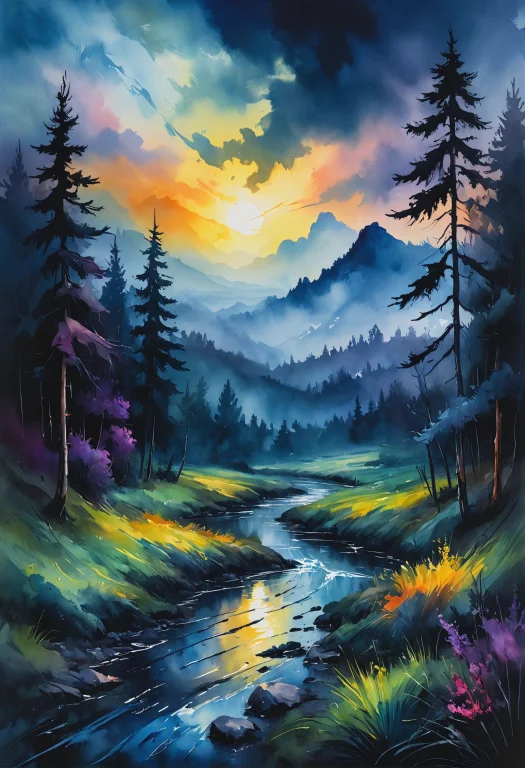 Magic, Dark And Moody Landscape, In Gouache Style, Watercolo...
