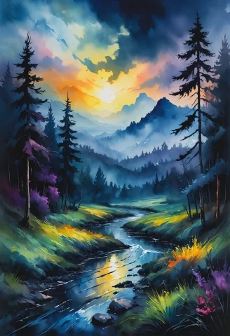 Magic, Dark And Moody Landscape, In Gouache Style, Watercolo... — SDXL AI Prompt: Magic, dark and moody landscape, in Gouache Style, Watercolor, Museum Epic Impre...