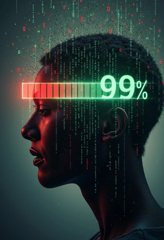 A Persons Head Replaced By A Loading Bar At 99, Surrounded B...