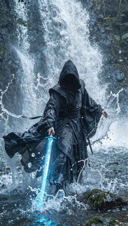 A Hooded Figure Wielding A Glowing Blue Sword, Standing In A...