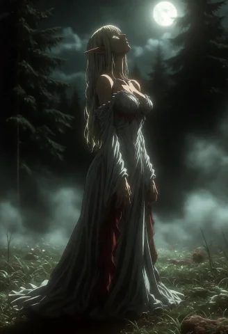 Darkartstyle, A Melancholic Elf Silhouetted Woman With Long... — Stable Diffusion AI Prompt: dark_art_style, A melancholic elf silhouetted woman with long flowing hair and d...