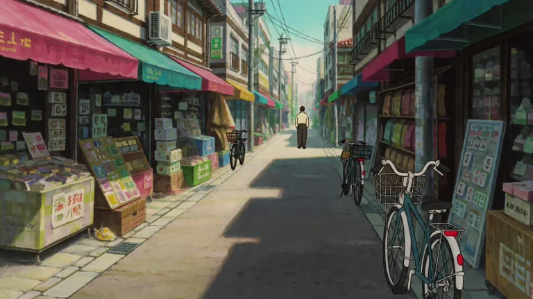 A Narrow City Street With Small Shops, Bicycles And Cloth Aw...