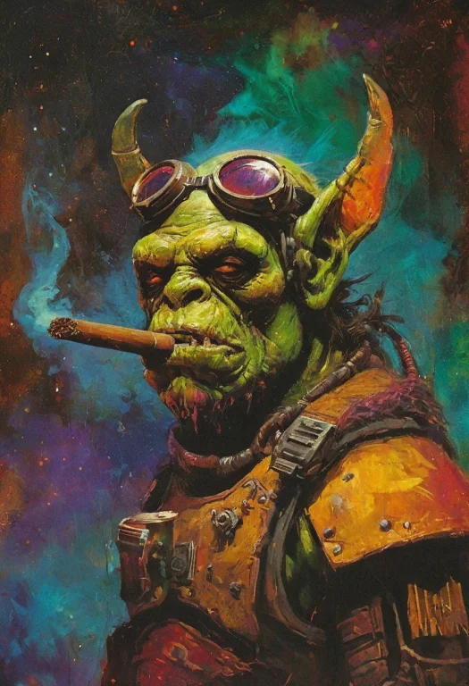 Futuristic Orc Mercenary With Rugged Goggles, A Lit Cigar, A...