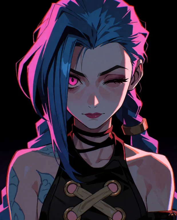 Cinematic Shot Of Jinx, Extremely Long Hair, Winking, Wide O...