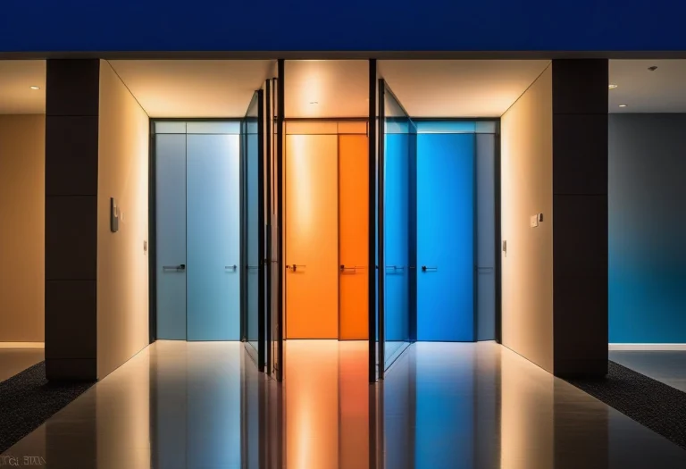 A Corridor Of Doors Each Glowing A Different Color, Blue Hou...