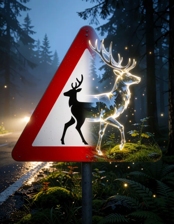 A Red-bordered Triangular Deer-crossing Sign Becomes A Magic...