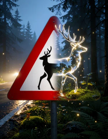 A Red-bordered Triangular Deer-crossing Sign Becomes A Magic... — Stable Diffusion AI Prompt: A red-bordered triangular deer-crossing sign becomes a magical portal at twiligh...