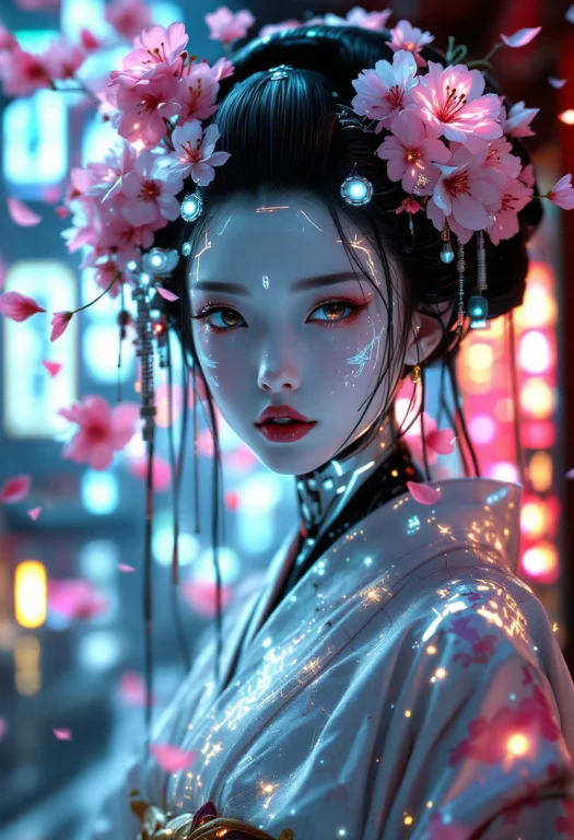A Haunting, Ethereal Portrait Of A Cybernetic Geisha, Her Fa...