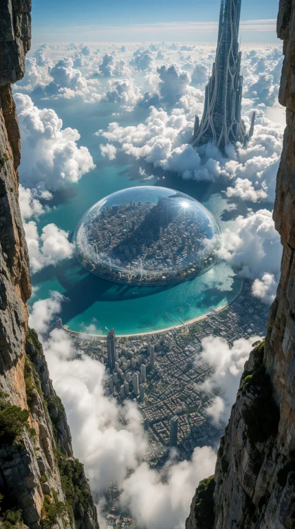 Surreal High-altitude View Framed By Rocky Mountain Edges, A...