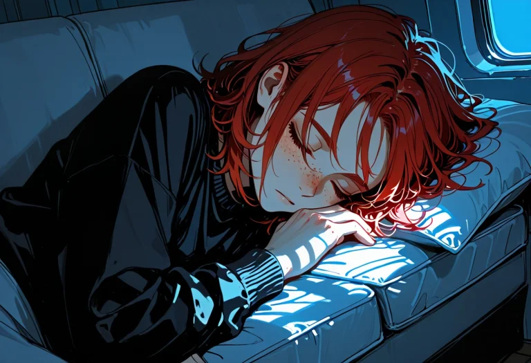 Red Hair, Medium Hair, Freckles, Blue Lighting, Dark Tones H...