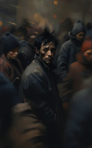 Painterly Illustration Of A Dense Crowd Of People Who Are Mo... — Stable Diffusion AI Prompt: Painterly illustration of a dense crowd of people who are motionblurred seen fro...