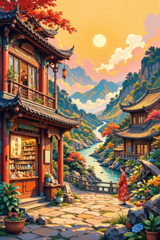 A Chinese Store Beautiful Landscape, Golden Hour, Woman, Ver...