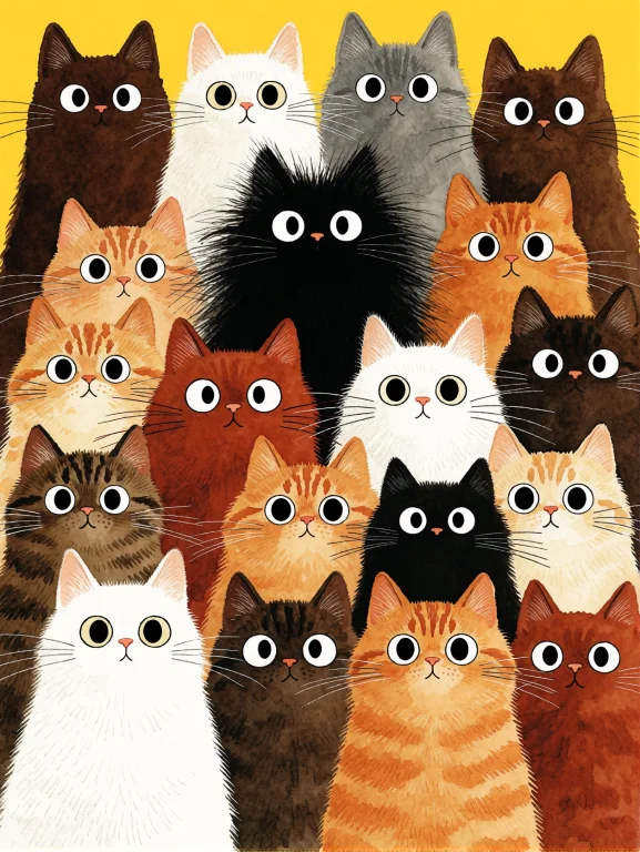 A Massive, Whimsical Crowd Of Stylized Cats Tightly Packs Th...