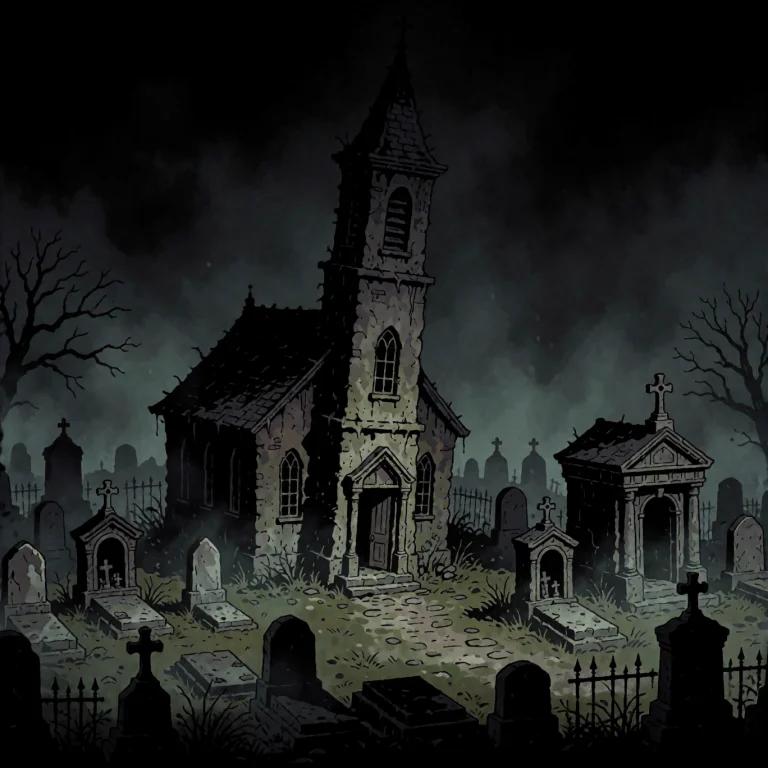A Cemetery With A Solitary Church Standing In The Center. Th...