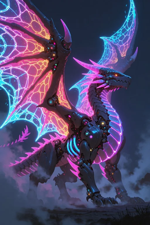 Df5tyle, A Colossal Cybernetic Dragon Standing In A Foggy Wa...