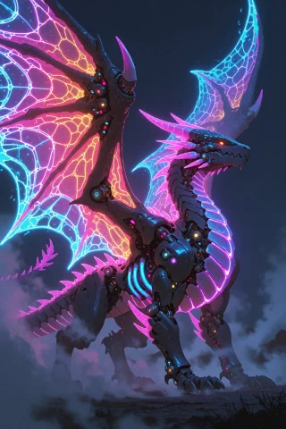 Df5tyle, A Colossal Cybernetic Dragon Standing In A Foggy Wa... — Stable Diffusion AI Prompt: df5tyle, A colossal cybernetic dragon standing in a foggy wasteland at night, it...