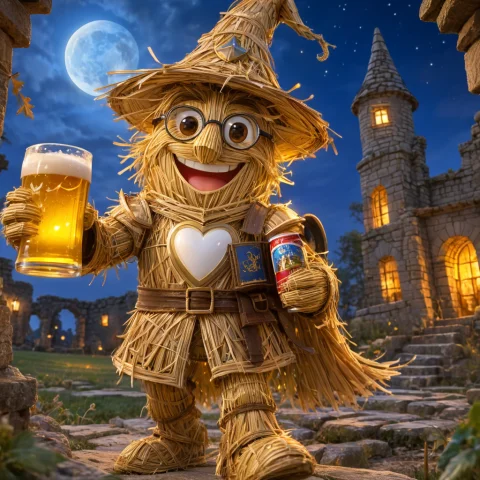 Knight Grinning in Ruins — SDXL AI Prompt: A knight, made of straw, grinning, wearing heart-shaped glasses, wearing a wizar...